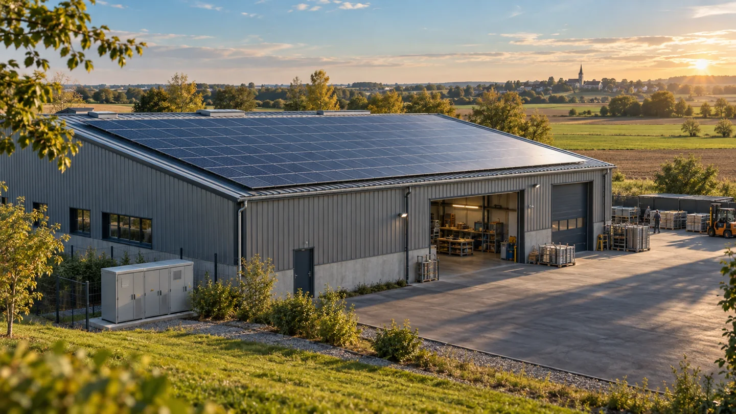 Illustration d’un atelier professionnel dont la toiture porte des panneaux photovoltaïques