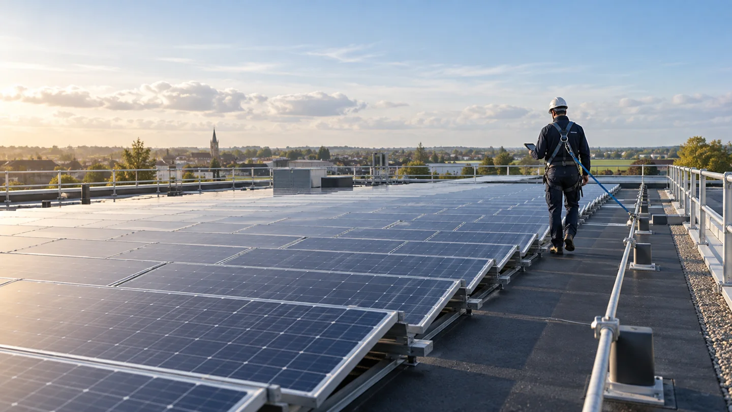 Illustration d’un technicien équipé inspectant des panneaux sur une toiture professionnelle