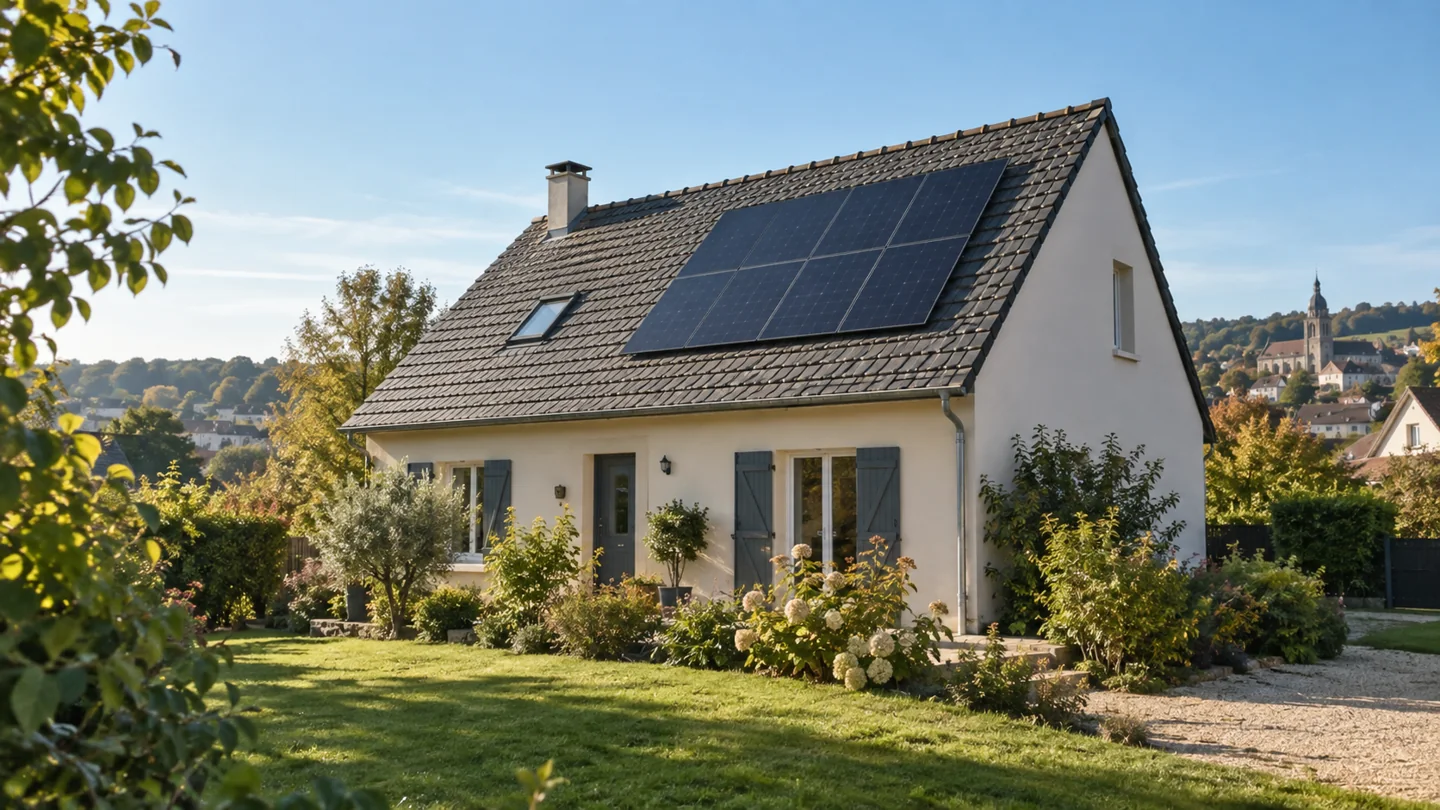 Illustration d’une maison avec panneaux solaires sur une toiture inclinée
