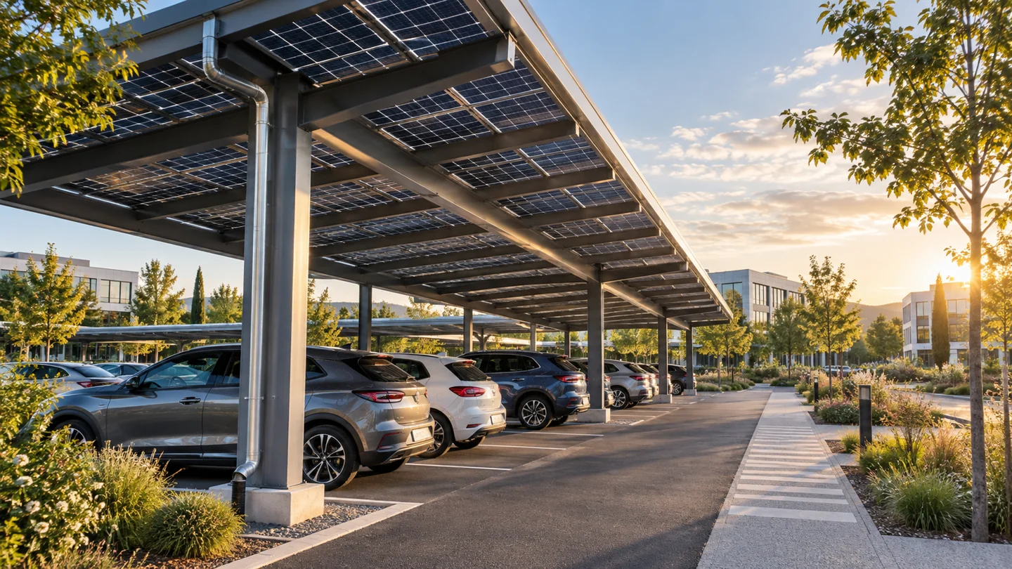 Illustration d’ombrières photovoltaïques protégeant des places de parking