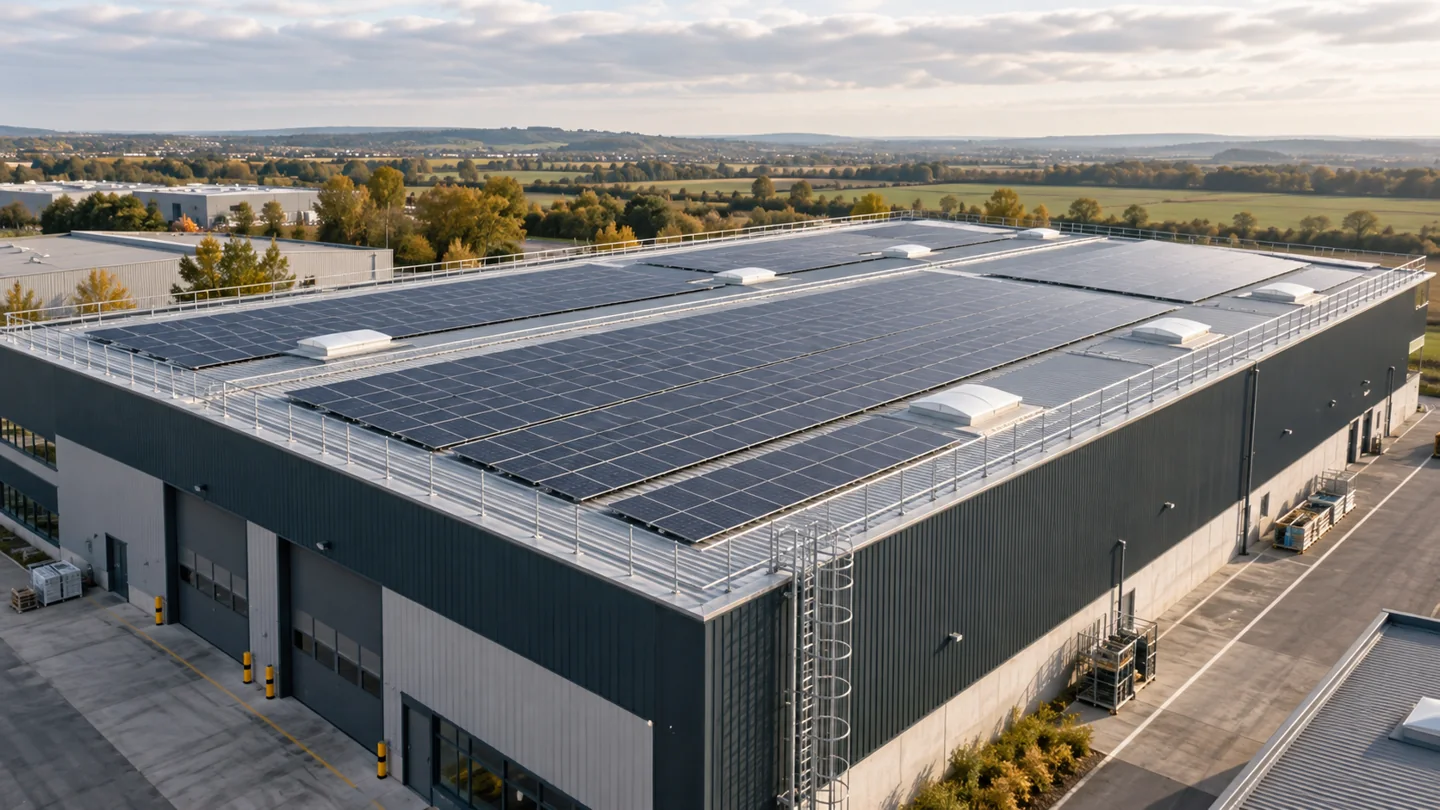 Illustration d’une grande toiture d’entrepôt équipée de panneaux photovoltaïques